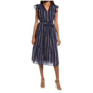 Adelyn Rae Metallic Stripe Ruffle Sleeve Midi Dress Size large  $155